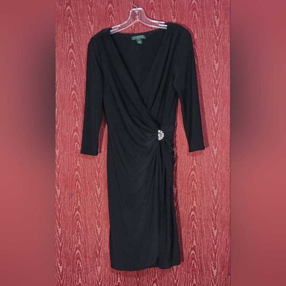 LAUREN RALPH LAUREN Dress Black V-Neck Long Sleeve Ruched/Brooch Dress Women's 6